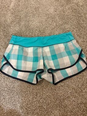 lululemon athletica Teal Plaid Athletic Shorts with Navy Trim
